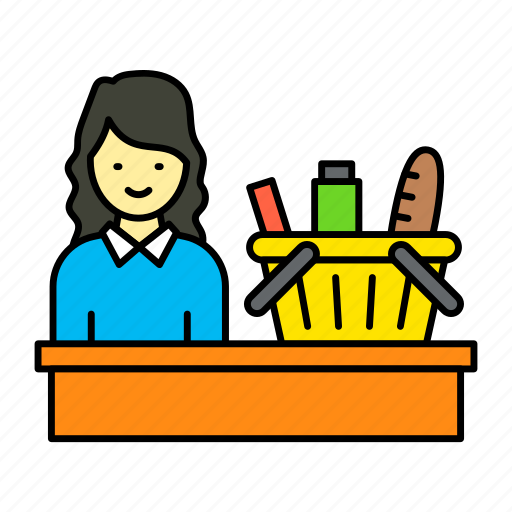 Female, cashier, retail store, billing, supermarket, shopping items, bucket icon - Download on Iconfinder