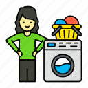 female, woman, washing, clothes, laundry machine, clothes bucket