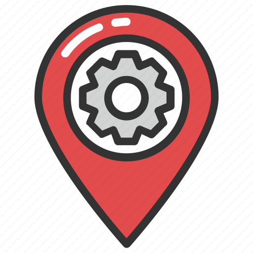 Factory location, industrial area, industrial zone, location map with gear sign, navigation pin icon - Download on Iconfinder