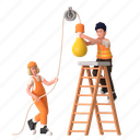 ladder, installing a light, lamp, teamwork, worker, construction, architecture, labor, builder 