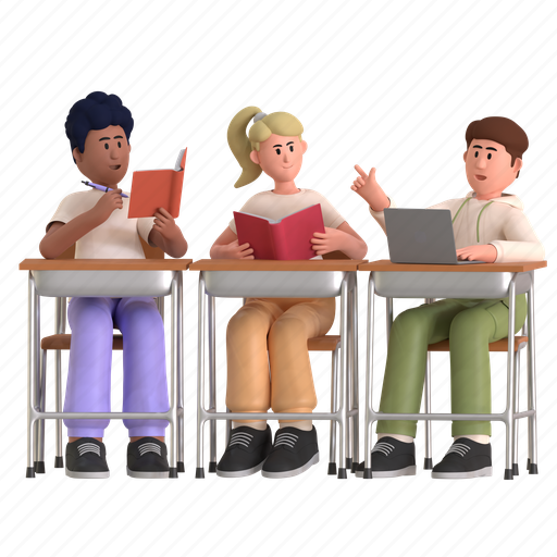 Study group, class, classroom, discussion, reading, studying, education 3D illustration - Download on Iconfinder