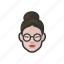 bun, glasses, hair, round, woman 