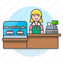cash, counter, coffee, cashier, drinks, shop, female, dessert, register, cake, cafe