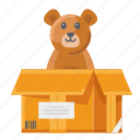 box, doll, goods, stuff, teddy bear