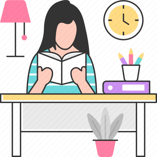 Study time, reading, read, book, woman icon - Download on Iconfinder
