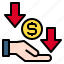 down, crisis, financial, economic, arrows, hand, currency 
