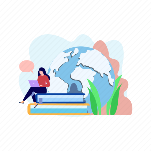 Female, studying, laptop, global, books icon - Download on Iconfinder