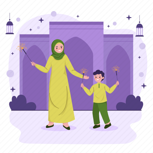 Ramadan kareem, eid mubarak, muslim, islam, playing fireworks, fireworks, muslim family icon - Download on Iconfinder