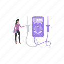 voltmeter, units, girl, standing, equipment