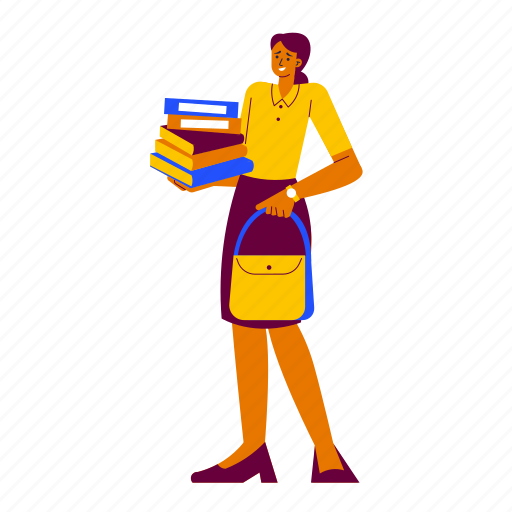 Busy teacher, teaching, holding books, book, work, handbag, education icon - Download on Iconfinder