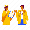 doctor and nurse discussing, hospital, medical, doctor, nurse, patient record, labor day, labour, worker