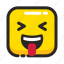 emoji, emoticon, expression, face, happy, mocking, square 