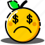 avatar, emoji, emoticon, money, orange, unhappy 
