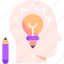 creativity, human head, bulb, thinking, mind, pencil 