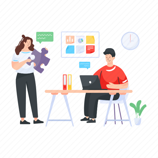 Problem solving, teamwork, team metaphor, online working, connecting puzzles illustration - Download on Iconfinder