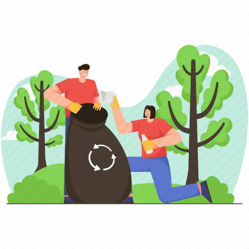 Picking trash, recycle, bin, tree, character, trash, couple illustration - Download on Iconfinder