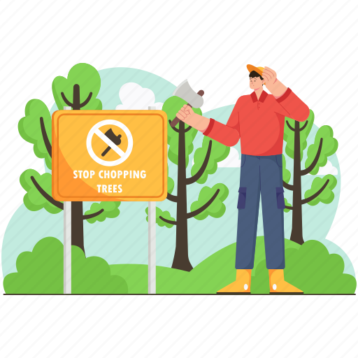 Stop, chopping, trees, character, person, forest, man illustration - Download on Iconfinder