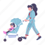 mother child, pushing stroller, pushing pram, baby stroller, mother walking 