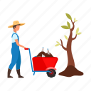 male, farmer, wheelbarrow, tree sapling, garden tools 