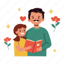 father and daughter, reading, book, happy, father’s day, father, dad, celebration, sticker