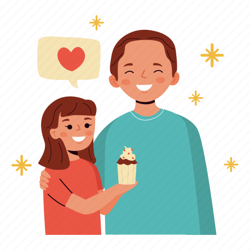 Girl giving cupcake to her father, daughter, cupcake, happy, father’s day, father, dad sticker - Download on Iconfinder