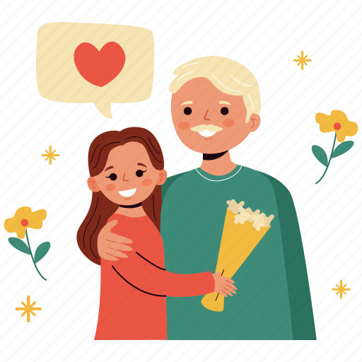 Old man and his daughter, father dan daughter, daughter, flower, father’s day, father, dad sticker - Download on Iconfinder