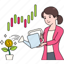 female, entrepreneur, watering, flower, shape, coin, investment, business 
