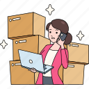female, entrepreneur, busy, work, and, contact, to, coordinate, the, delivery, goods, from, warehouse 