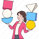 female, entrepreneur, holding, several, geometric, objects, each, risk, management 