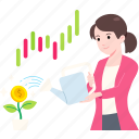 female, entrepreneur, watering, flower, shape, coin, investment, business