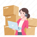 female, entrepreneur, busy, work, contact, coordinate, delivery, goods, warehouse