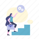 woman, settings, options, preferences, gears, stairs, suitcase 
