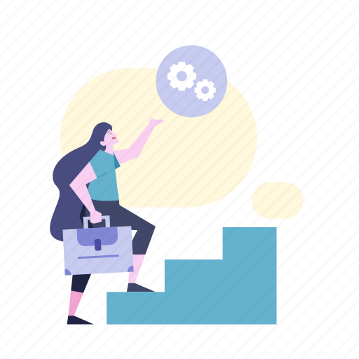 Woman, settings, options, preferences, gears, stairs, suitcase illustration - Download on Iconfinder