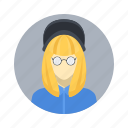 beautiful, woman, blond, testimonial, people, user, character, young, person, avatar, female, team, team member, girl, mascot, hat, smart, glasses