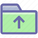 arrow, document, folder, interface, open, out, outside, upload 