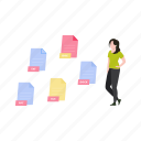 files, documents, female, standing, data