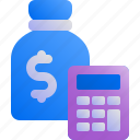 bottle, calculator, dollar, finance, money