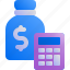 bottle, calculator, dollar, finance, money 