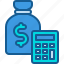 bottle, calculator, dollar, finance, money 