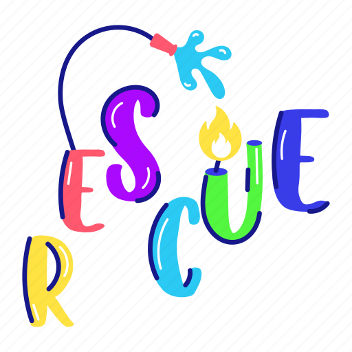 Rescue word, typographic letter, water hose, fire rescue, alphabets sticker - Download on Iconfinder