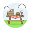 baguette, barbecue, basket, bbq, bread, burger, food, hamburger, outdoors, picnic, table 