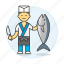 asian, fish, food, fresh, japanese, knife, male, merchant, seller, vendor 