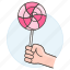 candy, confectionery, food, hand, holding, lolipop, store, sweets 