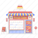 bake shop, bakery, biscuit stall, cookies bakery, food cart, pastry shop, sweets shop