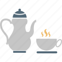 cup and saucer, hot tea, kettle, tea, tea kettle, teapot