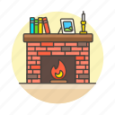 books, brick, candle, fireplace, frame, furniture, objects, picture, self
