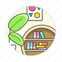 books, bookshelf, furniture, modern, objects, painting, picture, plant, round
