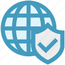 globe, internet, protection, security, shield, tick, world