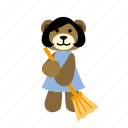 bear, broom, character, clean, cute, hold, sweeps