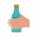 bottle, cup, hand, holding, juice, mug, water